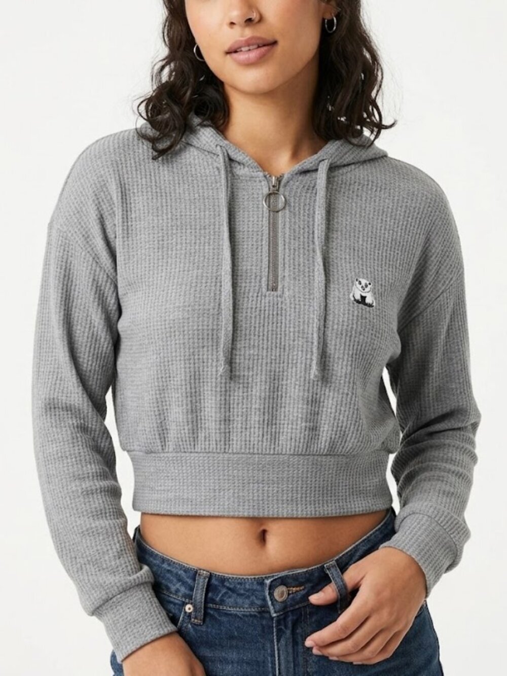 Womens Textured Grey Waffle Knit Cropped Hoodie Size S